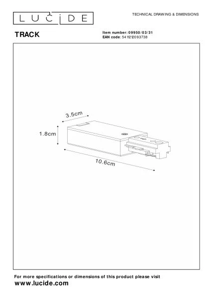 Lucide TRACK Alimentador - Sistema de carril monofásico / Iluminación con rieles - Simple - Blanco (Extensión) - TECHNISCH